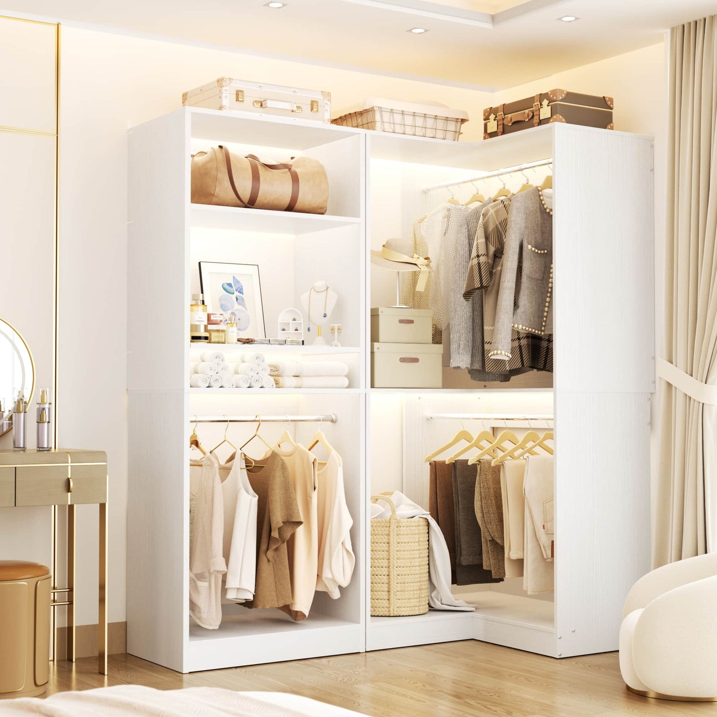 56.5'' x 31.5 Corner Closet Organizer and Storage System with 4 Hanging Rods and Shelves