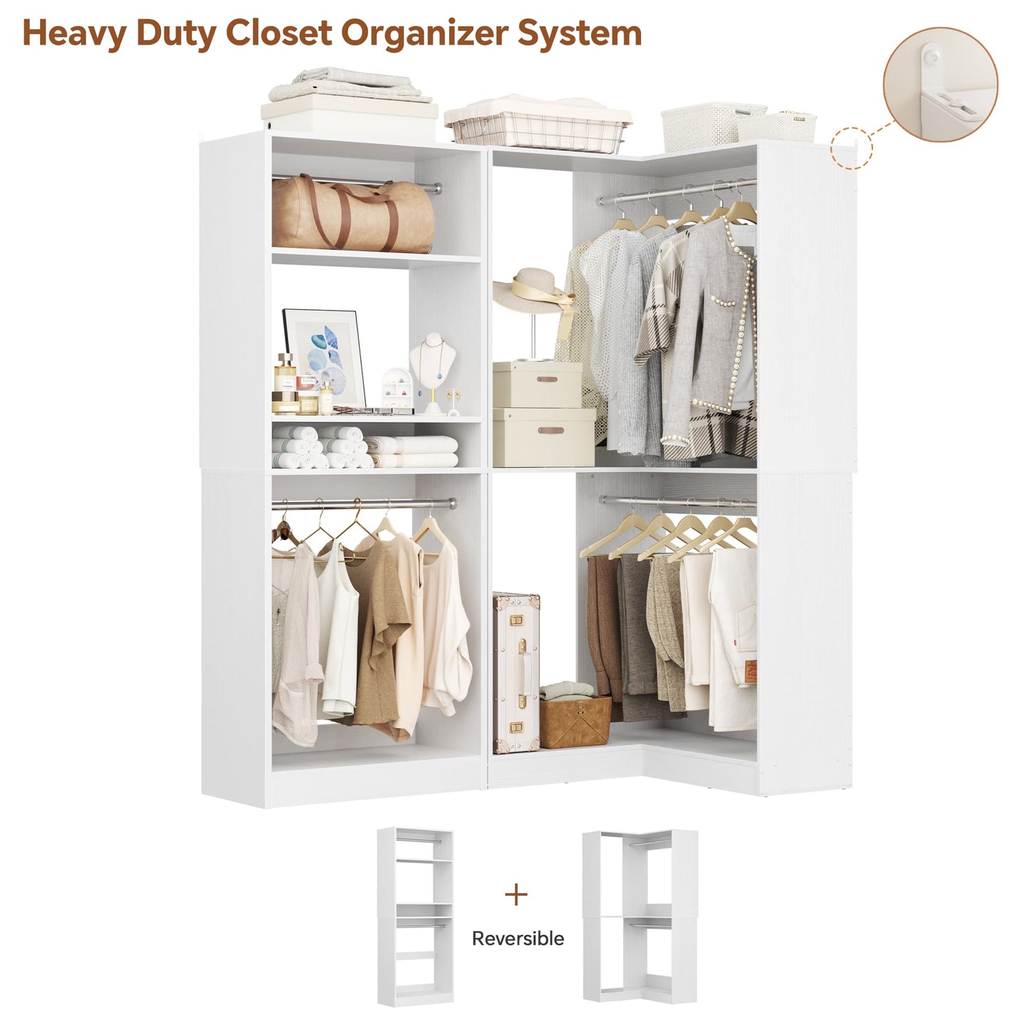 56.5'' x 31.5 Corner Closet Organizer and Storage System with 4 Hanging Rods and Shelves