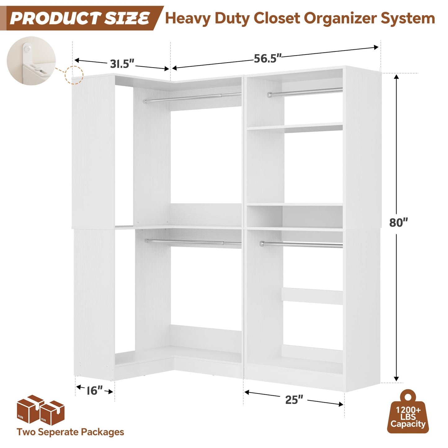 56.5'' x 31.5 Corner Closet Organizer and Storage System with 4 Hanging Rods and Shelves
