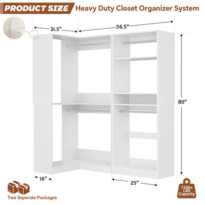 56.5'' x 31.5 Corner Closet Organizer and Storage System with 4 Hanging Rods and Shelves