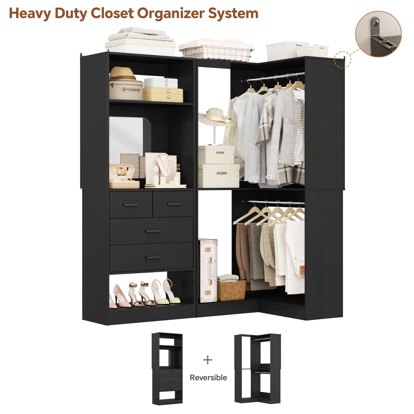 Freestanding 56.5 Inch Corner Closet Organizer System with 4 Drawers and 4 Hanging Rods