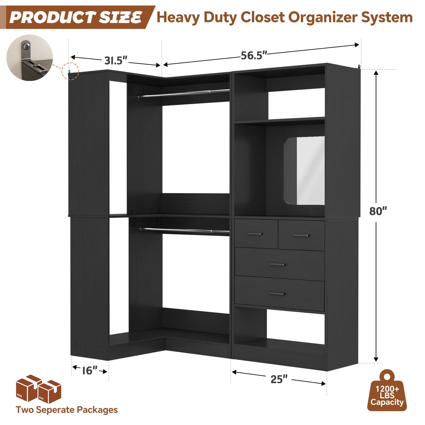 Freestanding 56.5 Inch Corner Closet Organizer System with 4 Drawers and 4 Hanging Rods