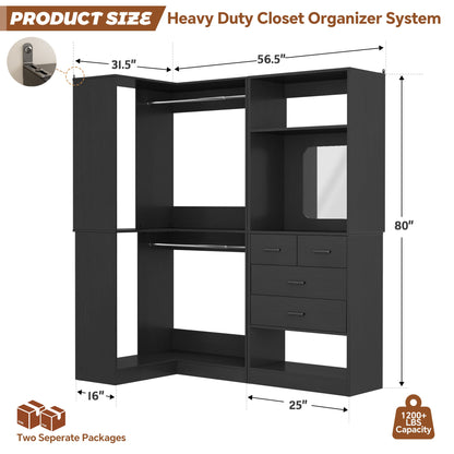 Freestanding 56.5 Inch Corner Closet Organizer System with 4 Drawers and 4 Hanging Rods