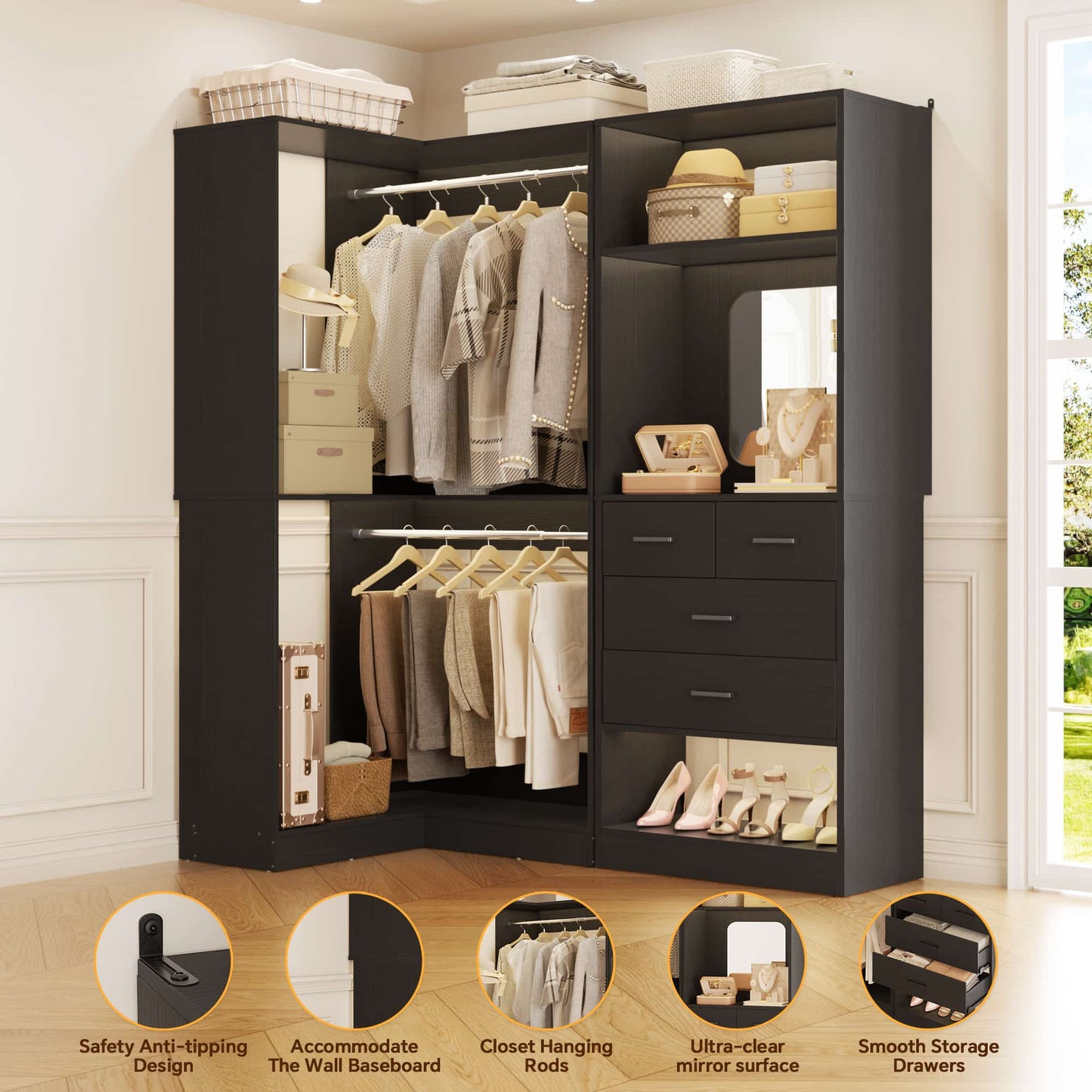 Freestanding 56.5 Inch Corner Closet Organizer System with 4 Drawers and 4 Hanging Rods