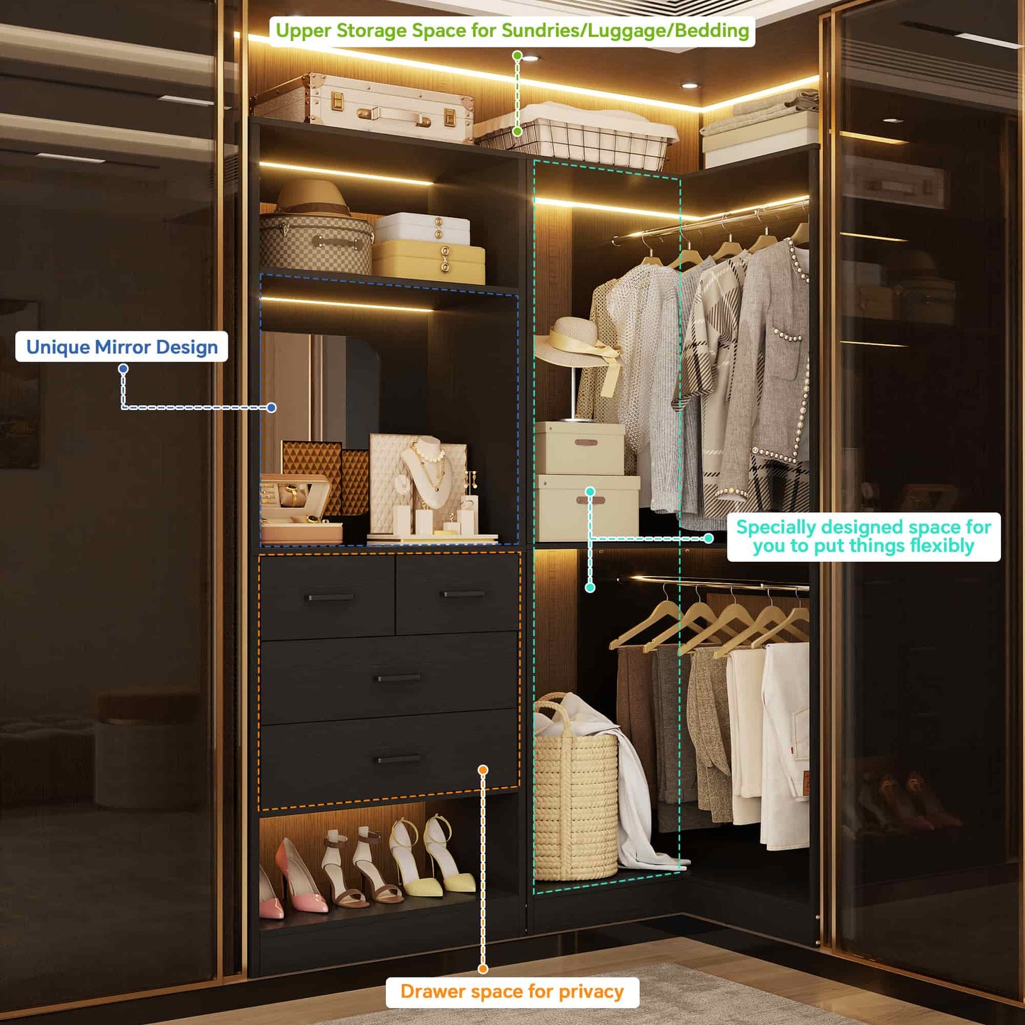 Freestanding 56.5 Inch Corner Closet Organizer System with 4 Drawers and 4 Hanging Rods