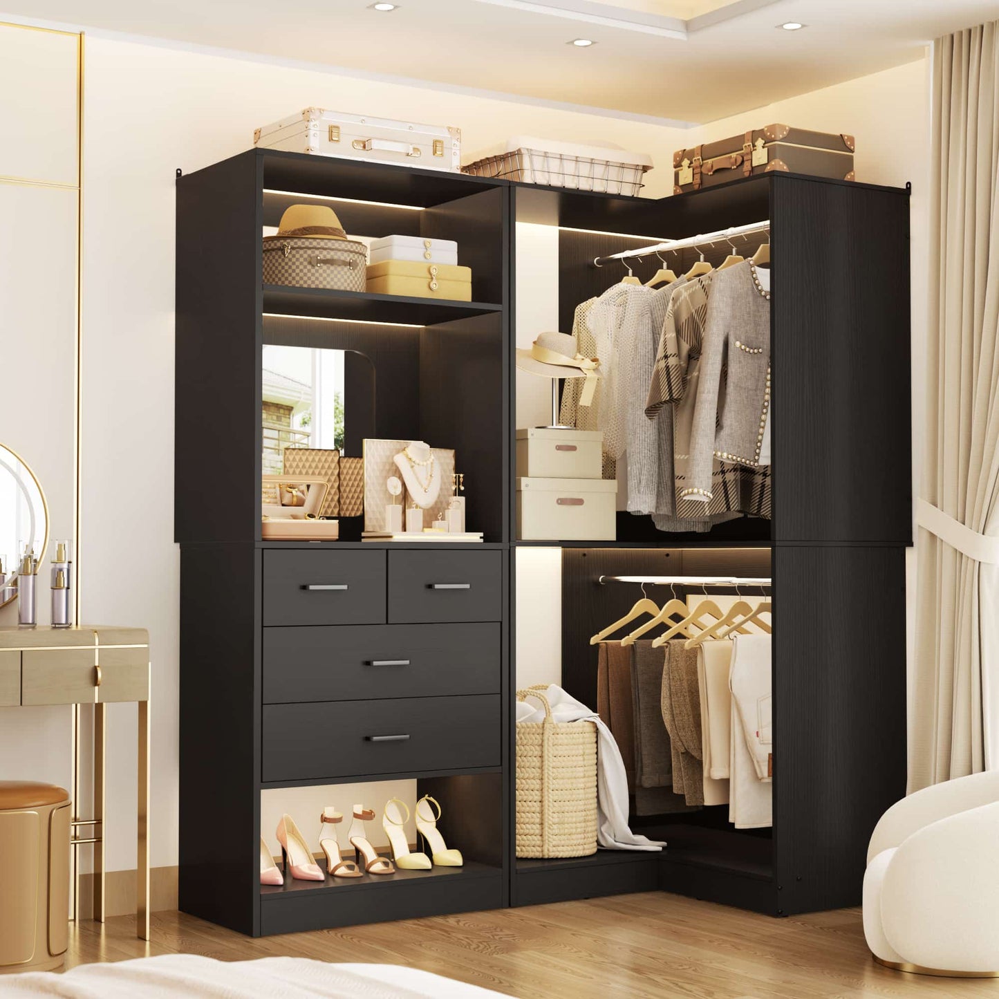 Freestanding 56.5 Inch Corner Closet Organizer System with 4 Drawers and 4 Hanging Rods