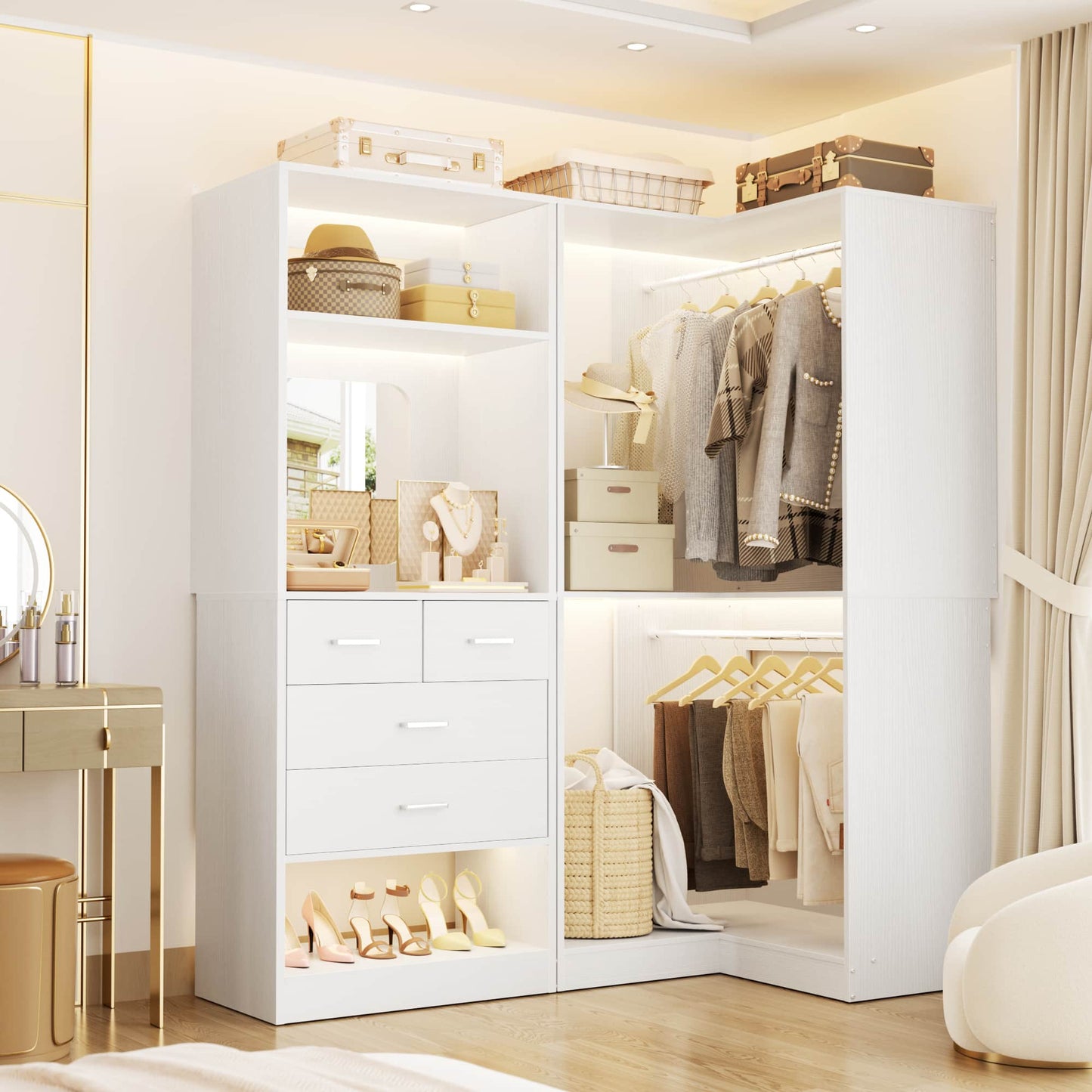 Freestanding 56.5 Inch Corner Closet Organizer System with 4 Drawers and 4 Hanging Rods
