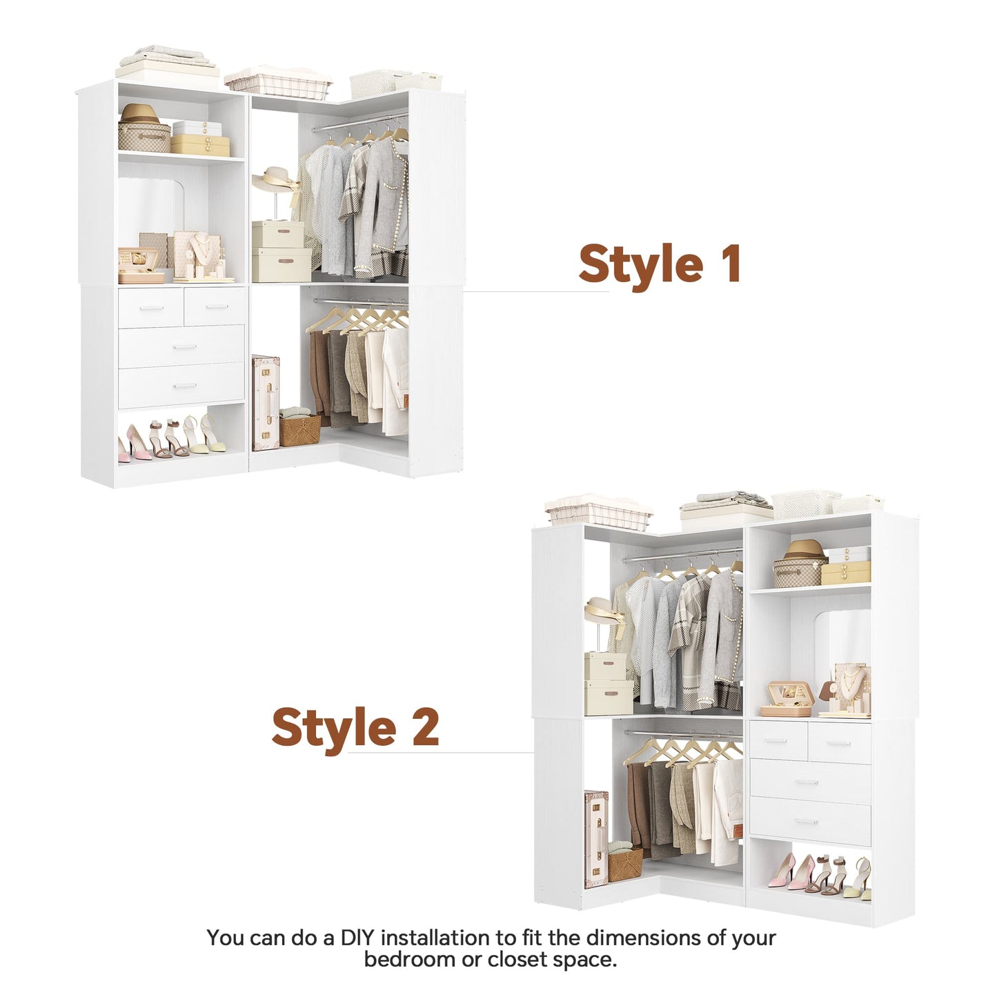 Freestanding 56.5 Inch Corner Closet Organizer System with 4 Drawers and 4 Hanging Rods