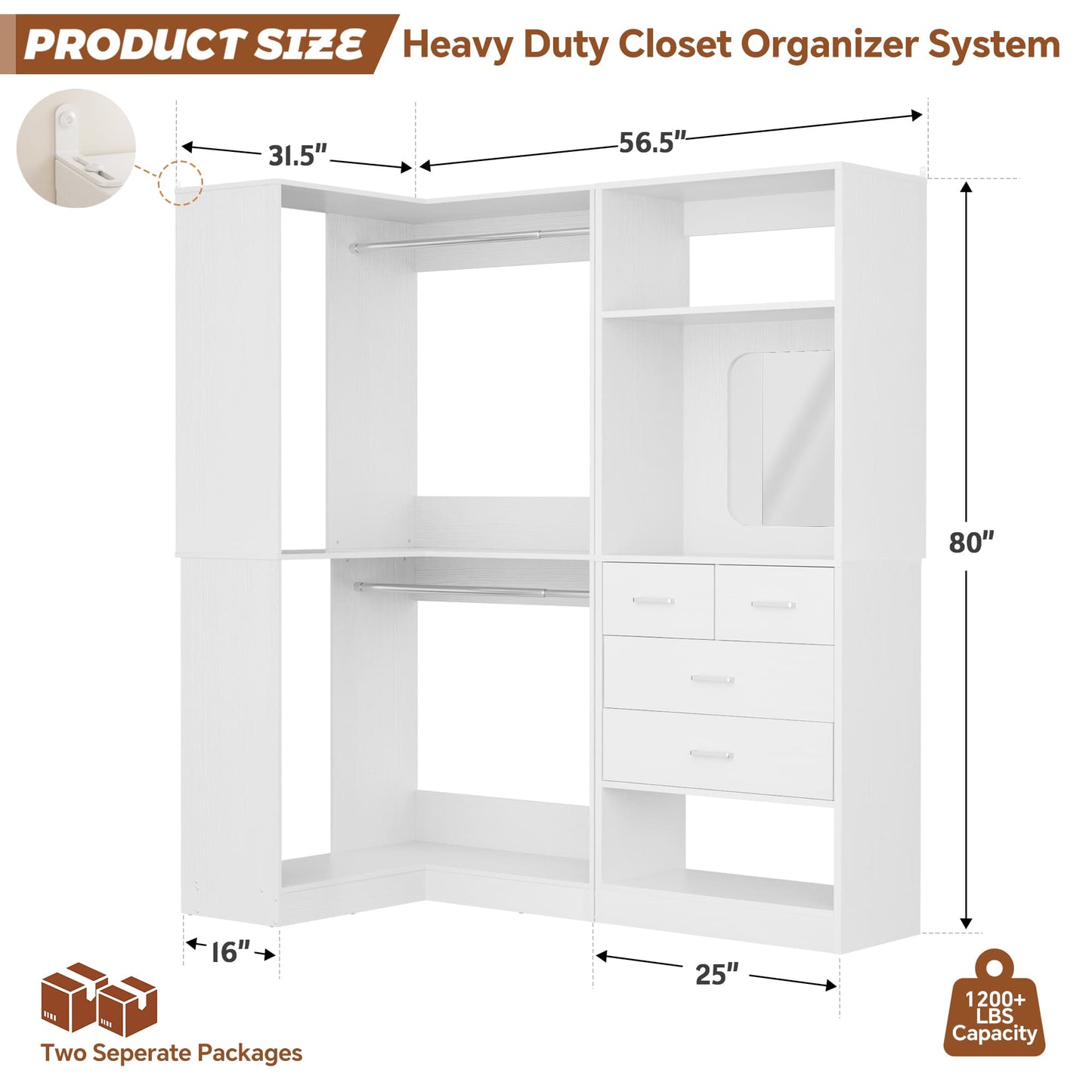 Freestanding 56.5 Inch Corner Closet Organizer System with 4 Drawers and 4 Hanging Rods