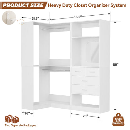 Freestanding 56.5 Inch Corner Closet Organizer System with 4 Drawers and 4 Hanging Rods