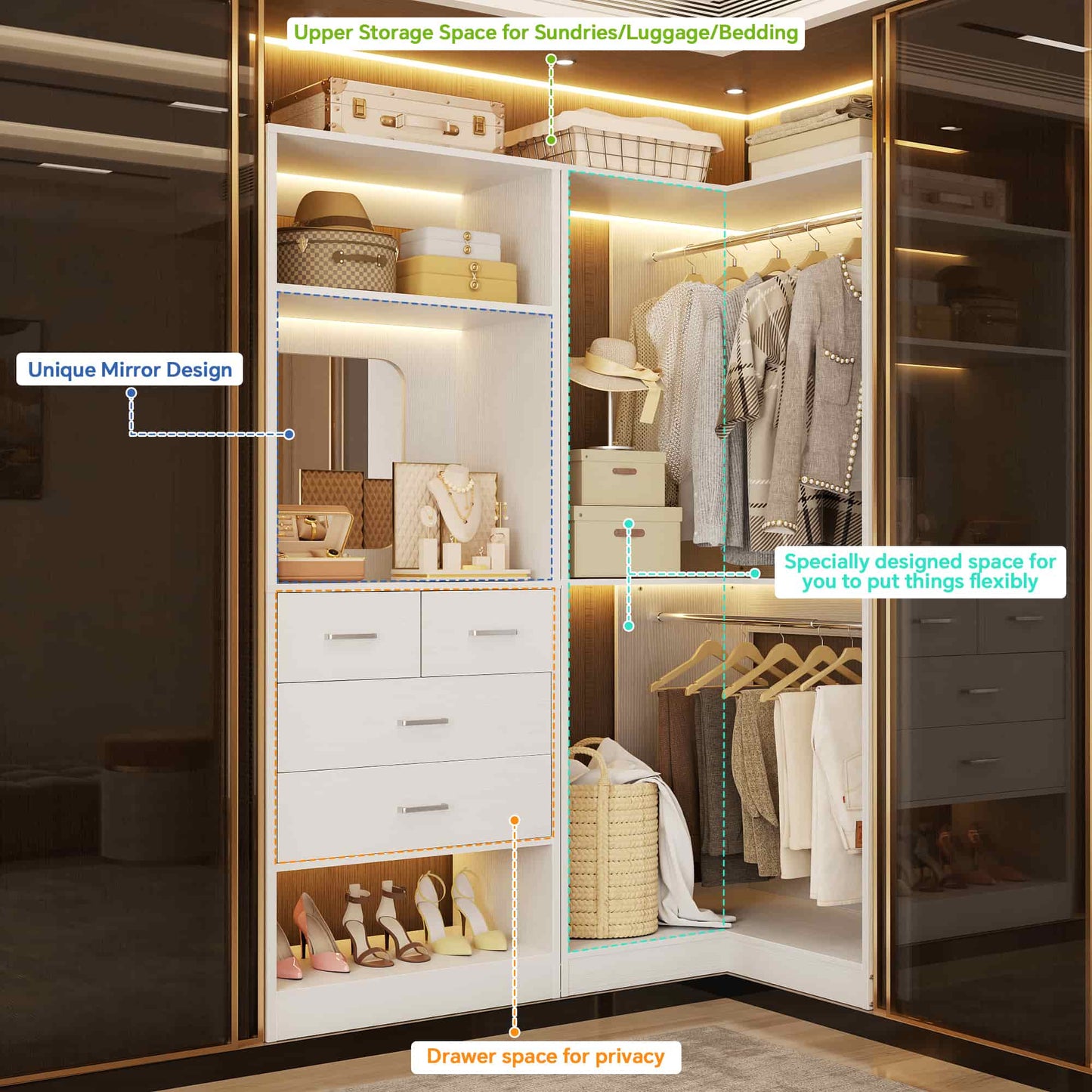 Freestanding 56.5 Inch Corner Closet Organizer System with 4 Drawers and 4 Hanging Rods