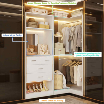 Freestanding 56.5 Inch Corner Closet Organizer System with 4 Drawers and 4 Hanging Rods