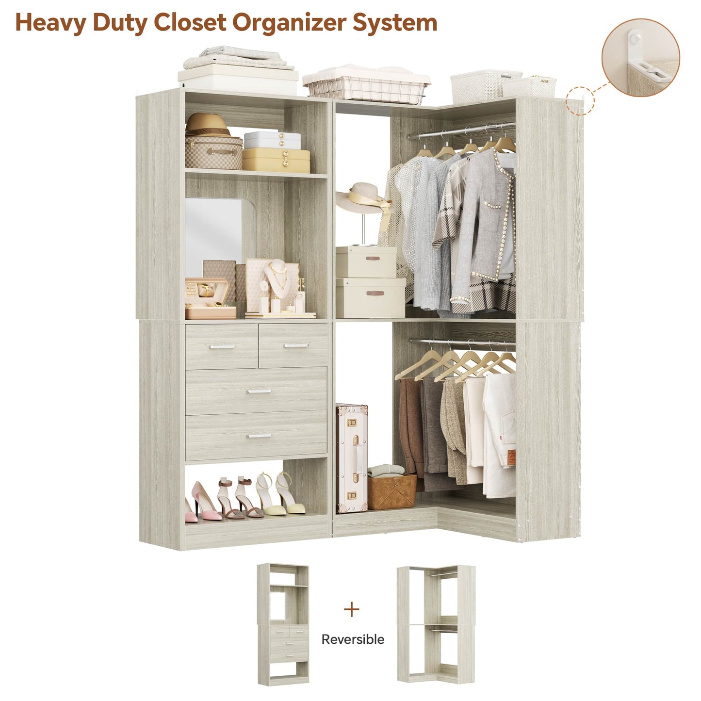 Freestanding 56.5 Inch Corner Closet Organizer System with 4 Drawers and 4 Hanging Rods