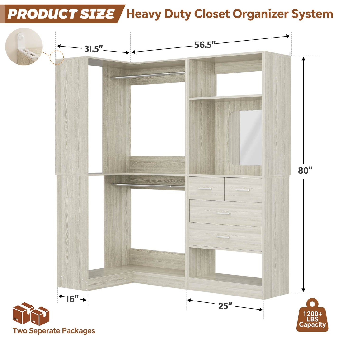 Freestanding 56.5 Inch Corner Closet Organizer System with 4 Drawers and 4 Hanging Rods