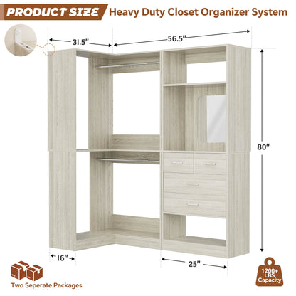 Freestanding 56.5 Inch Corner Closet Organizer System with 4 Drawers and 4 Hanging Rods