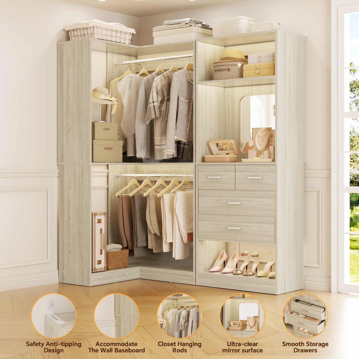 Freestanding 56.5 Inch Corner Closet Organizer System with 4 Drawers and 4 Hanging Rods