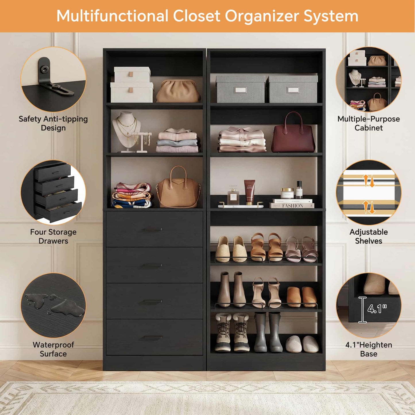 46.3'' 2-in-1 Closet System with Drawers and Adjustable Shelves