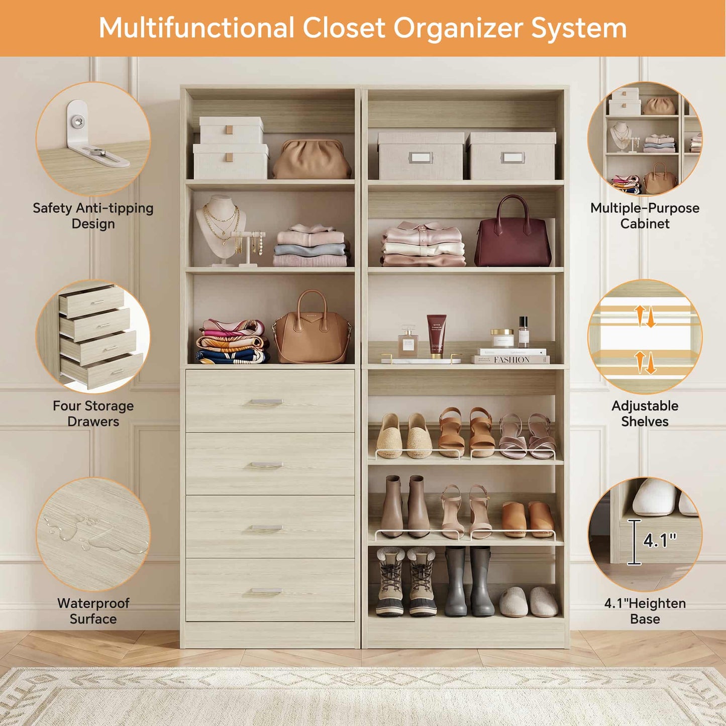 46.3'' 2-in-1 Closet System with Drawers and Adjustable Shelves