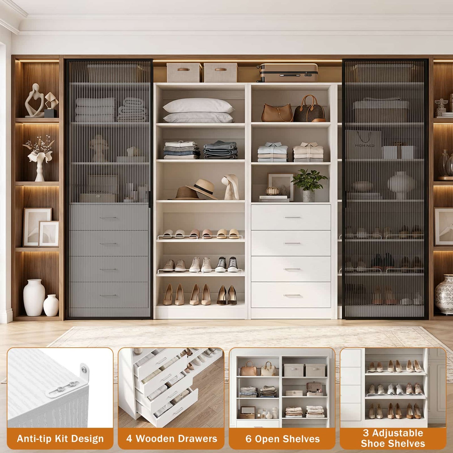 92.6'' W Freestanding Closet Organizer with Drawers & Adjustable Shoe Racks, 4 Packs