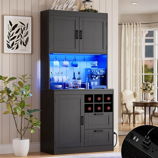 72'' Tall Farmhouse Pantry Cabinet with 2 Drawers & Grid Storage, Versatile Wood Storage Cabinet with Power Outlets, LED Lights
