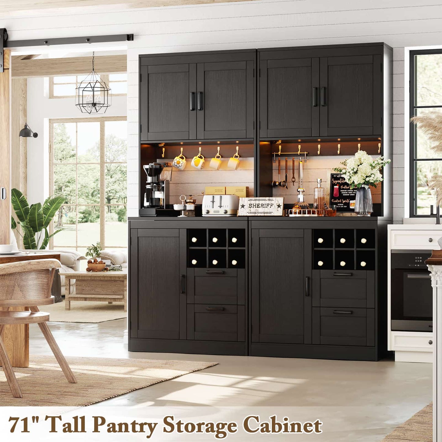 72'' Tall Farmhouse Pantry Cabinet with 2 Drawers & Grid Storage, Versatile Wood Storage Cabinet with Power Outlets, LED Lights