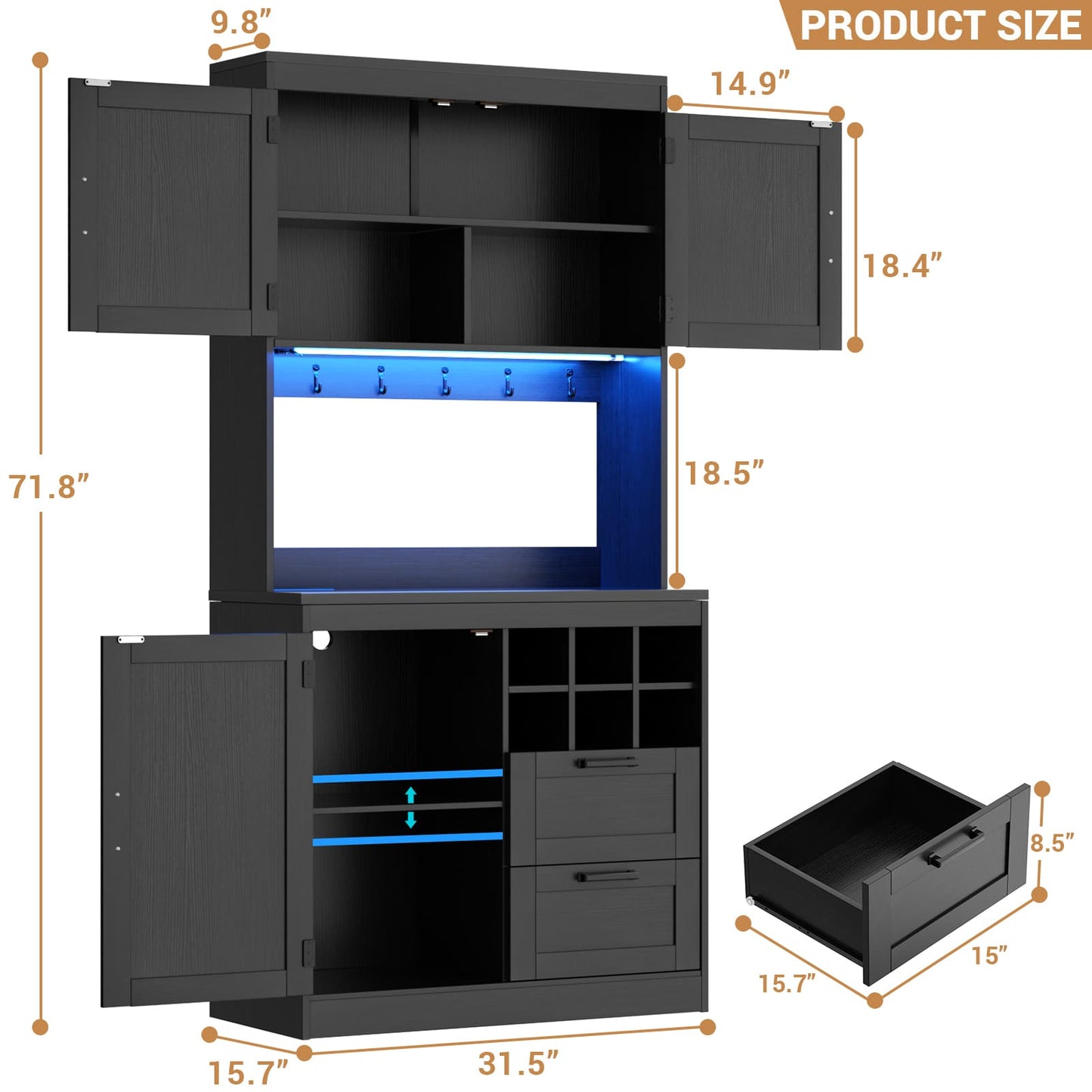 72'' Tall Farmhouse Pantry Cabinet with 2 Drawers & Grid Storage, Versatile Wood Storage Cabinet with Power Outlets, LED Lights