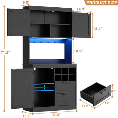 72'' Tall Farmhouse Pantry Cabinet with 2 Drawers & Grid Storage, Versatile Wood Storage Cabinet with Power Outlets, LED Lights