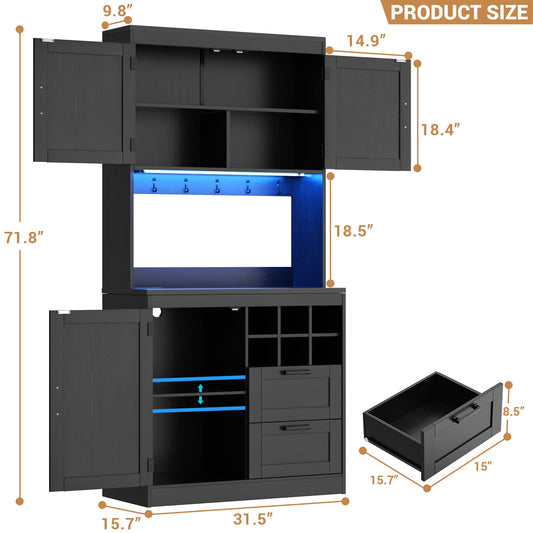 72'' Tall Farmhouse Pantry Cabinet with 2 Drawers & Grid Storage, Versatile Wood Storage Cabinet with Power Outlets, LED Lights