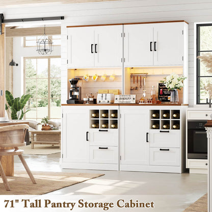 72'' Tall Farmhouse Pantry Cabinet with 2 Drawers & Grid Storage, Versatile Wood Storage Cabinet with Power Outlets, LED Lights