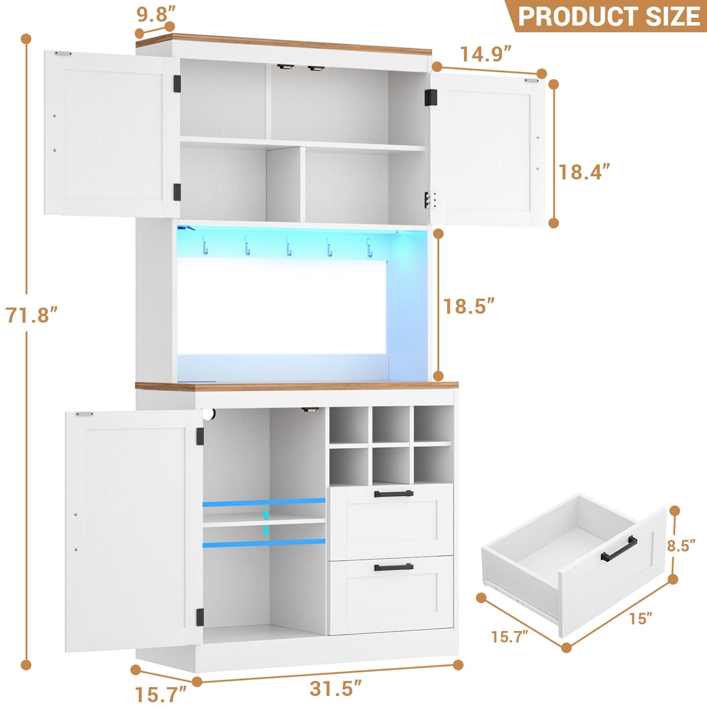 72'' Tall Farmhouse Pantry Cabinet with 2 Drawers & Grid Storage, Versatile Wood Storage Cabinet with Power Outlets, LED Lights