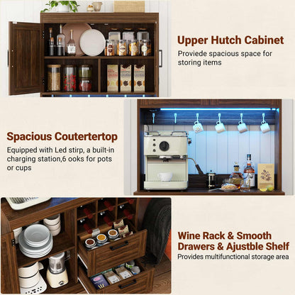 72'' Tall Farmhouse Pantry Cabinet with 2 Drawers & Grid Storage, Versatile Wood Storage Cabinet with Power Outlets, LED Lights