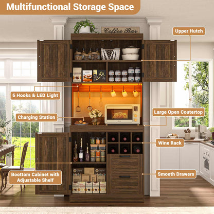 72'' Tall Farmhouse Pantry Cabinet with 2 Drawers & Grid Storage, Versatile Wood Storage Cabinet with Power Outlets, LED Lights