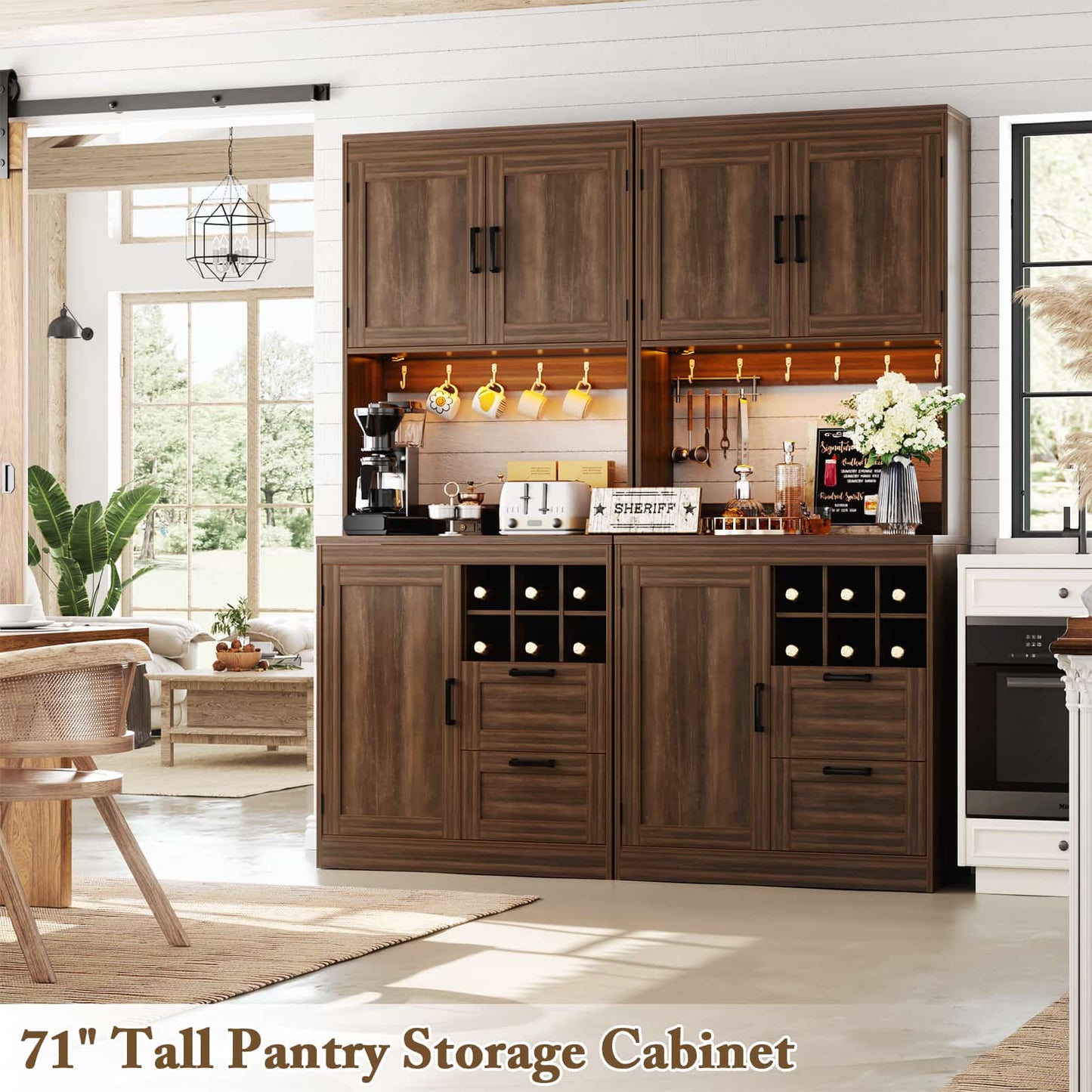 72'' Tall Farmhouse Pantry Cabinet with 2 Drawers & Grid Storage, Versatile Wood Storage Cabinet with Power Outlets, LED Lights