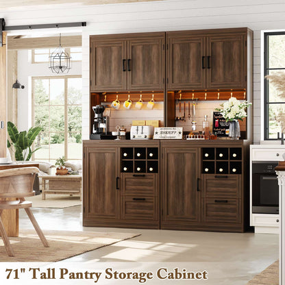 72'' Tall Farmhouse Pantry Cabinet with 2 Drawers & Grid Storage, Versatile Wood Storage Cabinet with Power Outlets, LED Lights