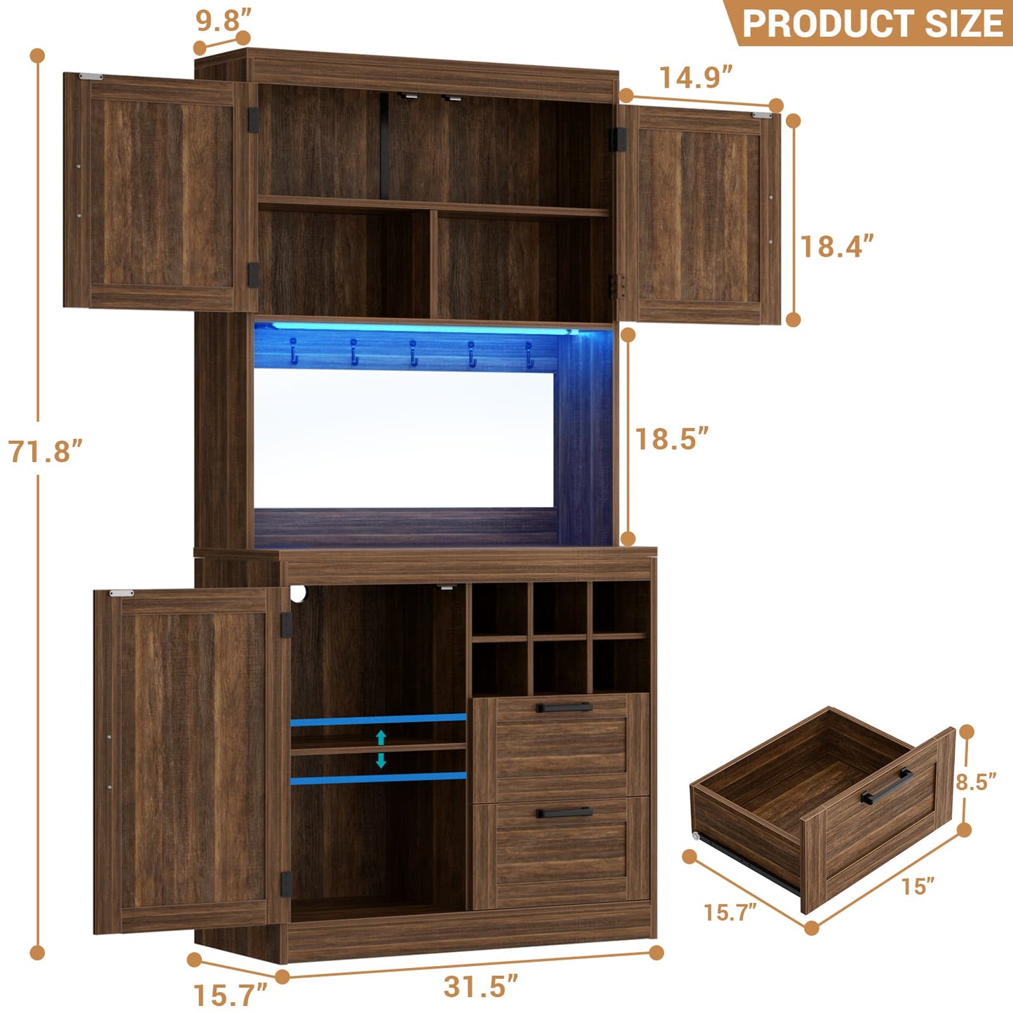 72'' Tall Farmhouse Pantry Cabinet with 2 Drawers & Grid Storage, Versatile Wood Storage Cabinet with Power Outlets, LED Lights