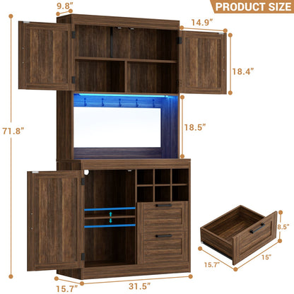 72'' Tall Farmhouse Pantry Cabinet with 2 Drawers & Grid Storage, Versatile Wood Storage Cabinet with Power Outlets, LED Lights