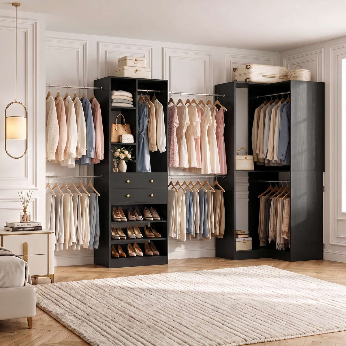 5-11.5 FT Adjustable All-In-One Closet Storage System with Drawers, Hanging Rods & Adjustable Shelves
