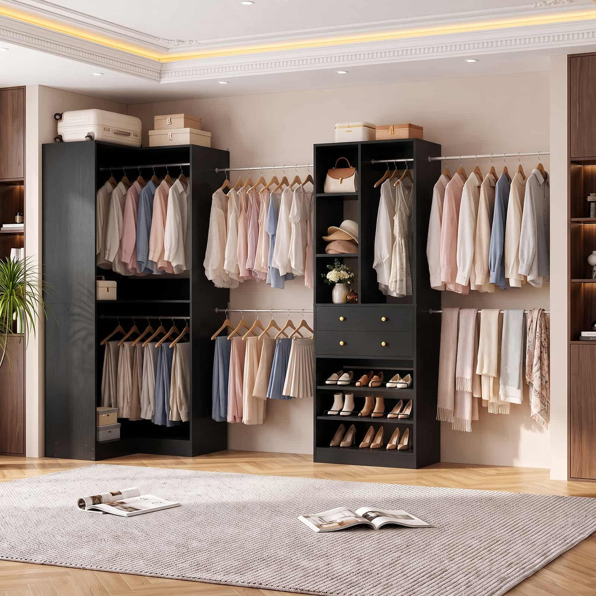 5-11.5 FT Adjustable All-In-One Closet Storage System with Drawers, Hanging Rods & Adjustable Shelves