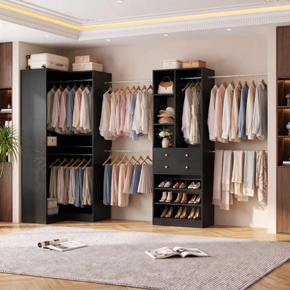 5-11.5 FT Adjustable All-In-One Closet Storage System with Drawers, Hanging Rods & Adjustable Shelves