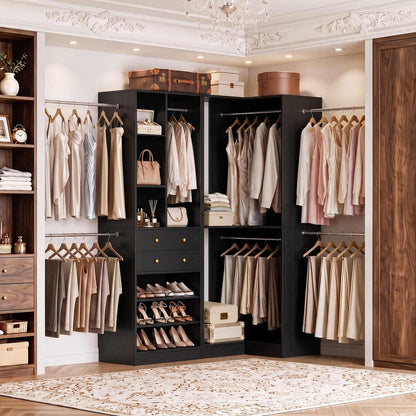 5-11.5 FT Adjustable All-In-One Closet Storage System with Drawers, Hanging Rods & Adjustable Shelves