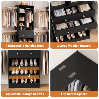 5-11.5 FT Adjustable All-In-One Closet Storage System with Drawers, Hanging Rods & Adjustable Shelves