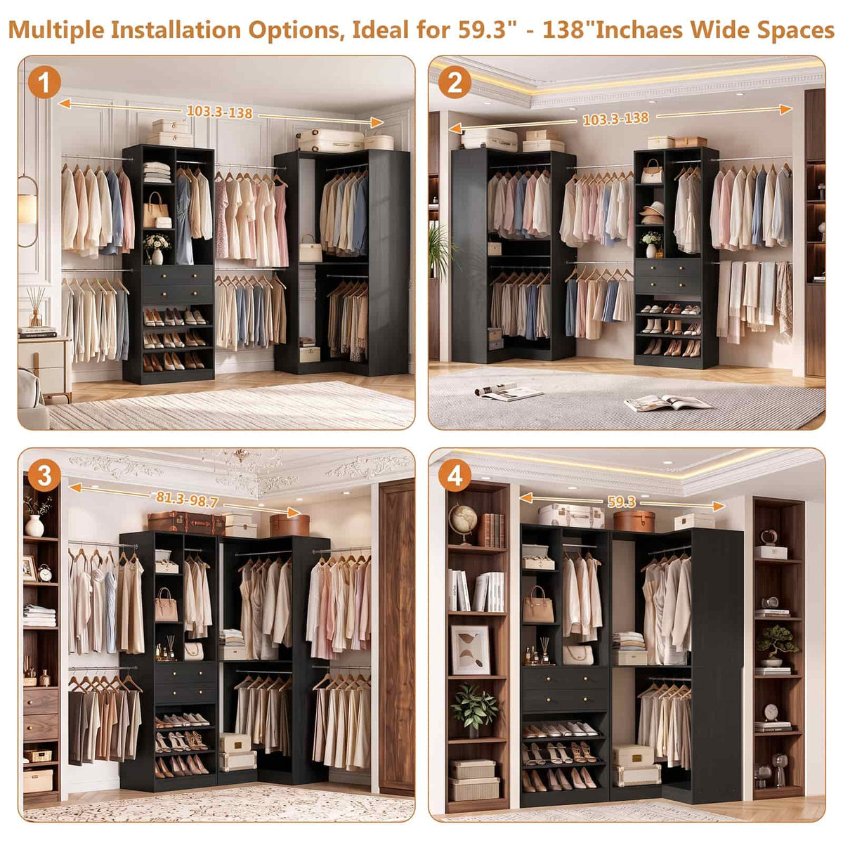 5-11.5 FT Adjustable All-In-One Closet Storage System with Drawers, Hanging Rods & Adjustable Shelves
