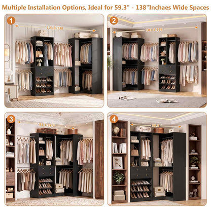 5-11.5 FT Adjustable All-In-One Closet Storage System with Drawers, Hanging Rods & Adjustable Shelves
