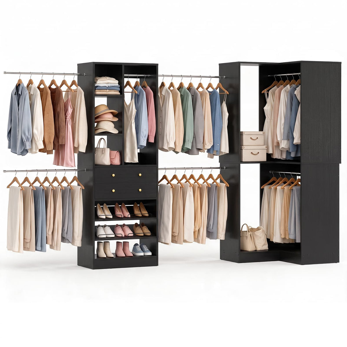 5-11.5 FT Adjustable All-In-One Closet Storage System with Drawers, Hanging Rods & Adjustable Shelves