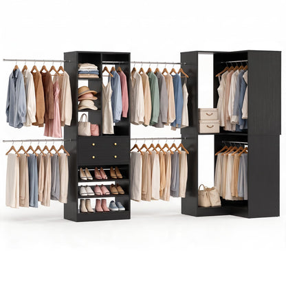 5-11.5 FT Adjustable All-In-One Closet Storage System with Drawers, Hanging Rods & Adjustable Shelves