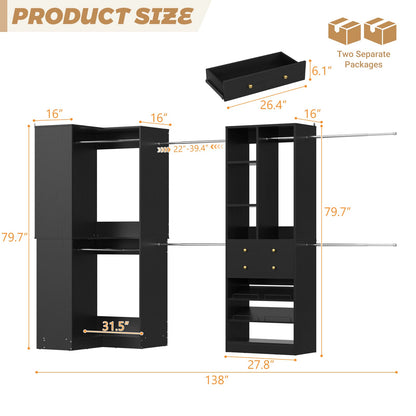 5-11.5 FT Adjustable All-In-One Closet Storage System with Drawers, Hanging Rods & Adjustable Shelves