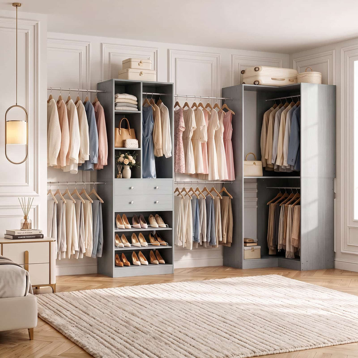5-11.5 FT Adjustable All-In-One Closet Storage System with Drawers, Hanging Rods & Adjustable Shelves