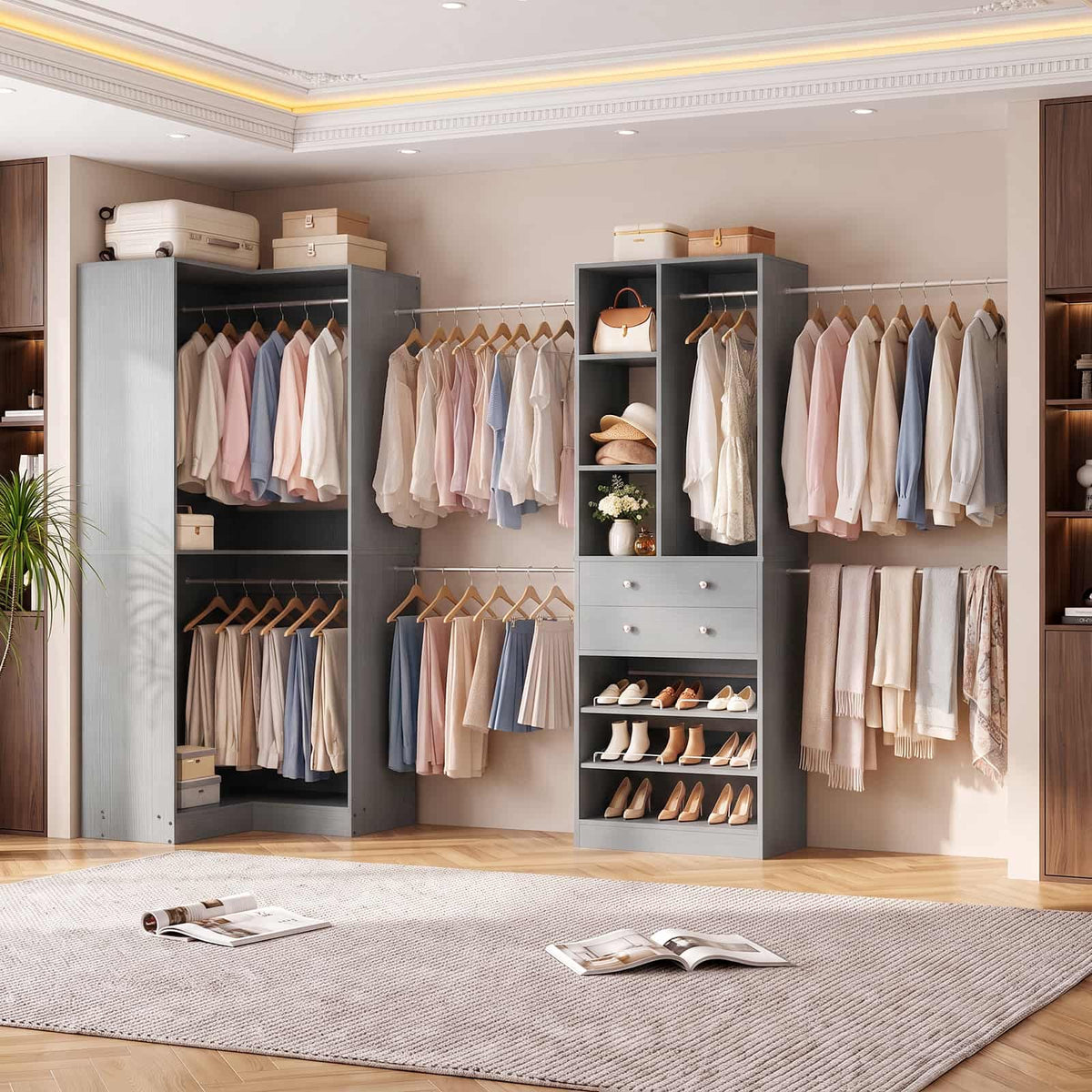 5-11.5 FT Adjustable All-In-One Closet Storage System with Drawers, Hanging Rods & Adjustable Shelves