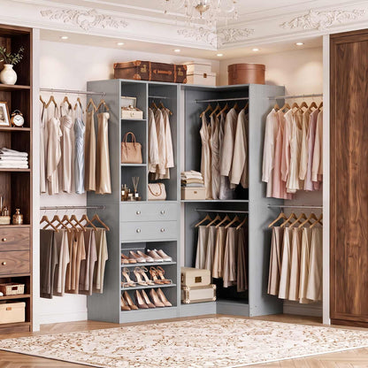 5-11.5 FT Adjustable All-In-One Closet Storage System with Drawers, Hanging Rods & Adjustable Shelves