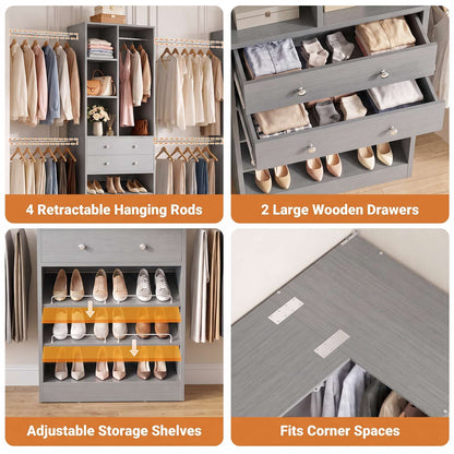 5-11.5 FT Adjustable All-In-One Closet Storage System with Drawers, Hanging Rods & Adjustable Shelves